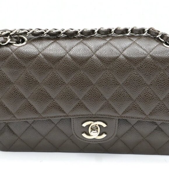 Chanel Caviar Quilted Medium Double Flap Brown Bag Silver Hardware - Picture 1 of 15